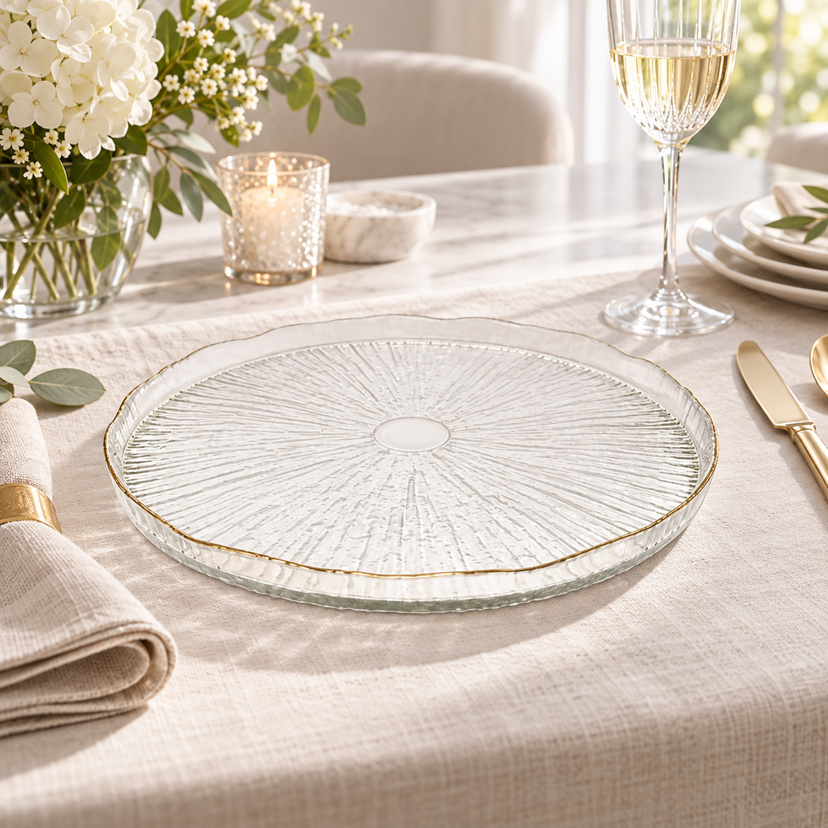 Set of 4 Crystal Glass plates Gold Raised Rim