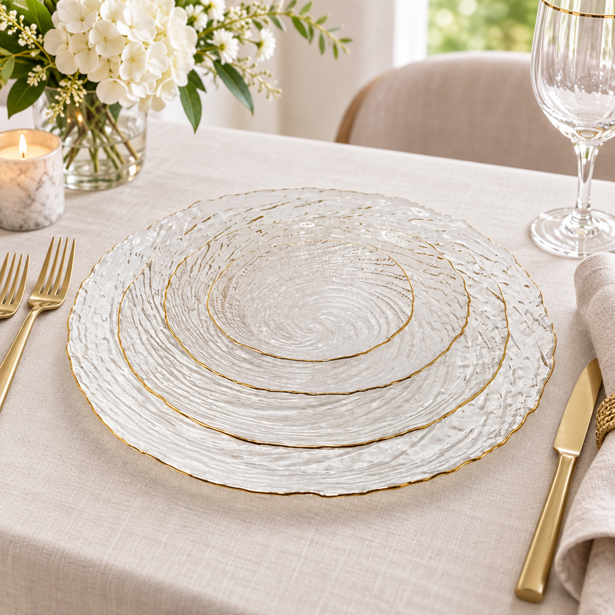Set of 4 Glass Plates with Gold Rim