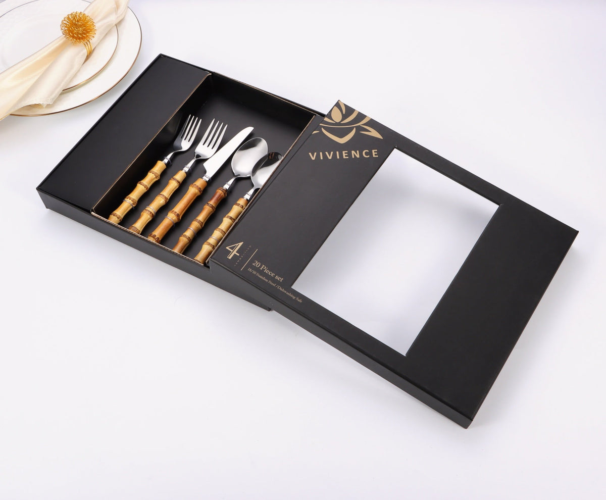 20 pc flatware set - Silver - with Bamboo Handle
