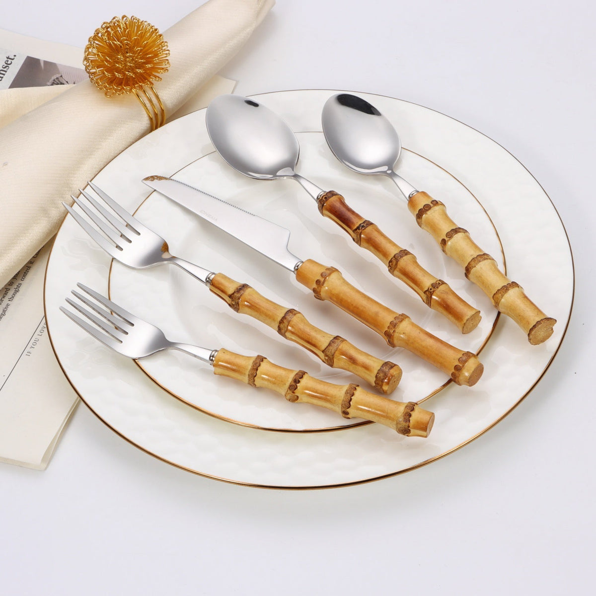 20 pc flatware set - Silver - with Bamboo Handle
