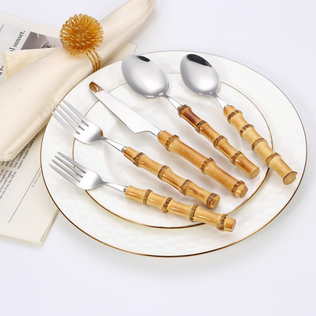 20 pc flatware set - Silver - with Bamboo Handle