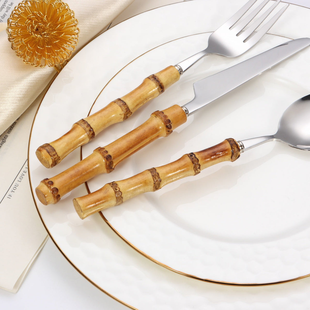 20 pc flatware set - Silver - with Bamboo Handle