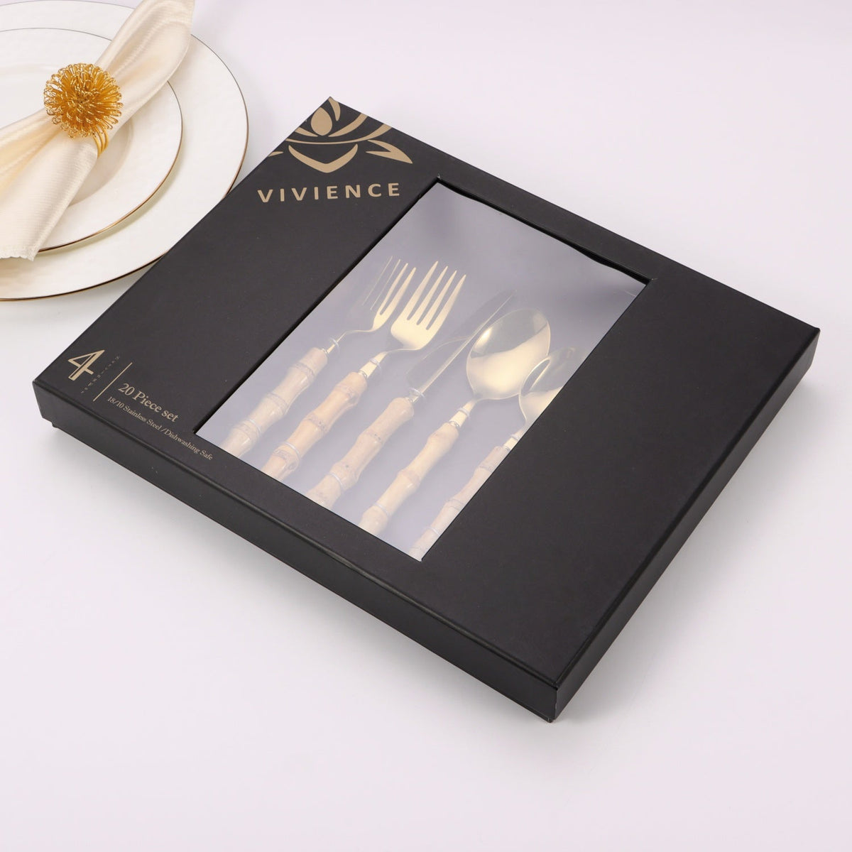 20 pc flatware set - Silver - with Bamboo Handle