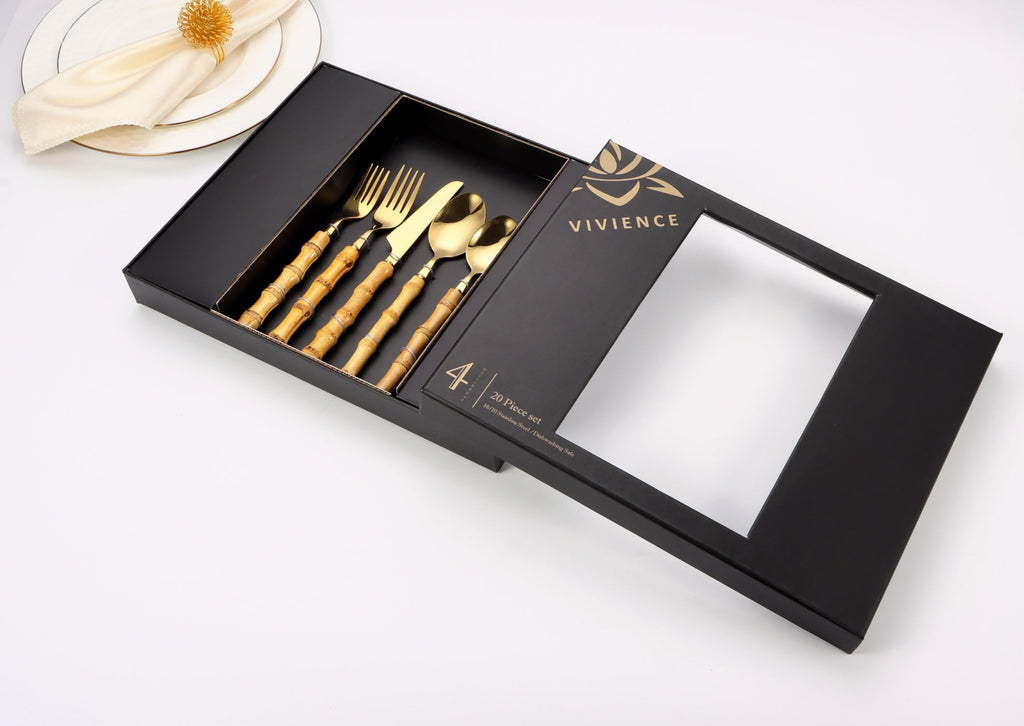 20 pc flatware set - Silver - with Bamboo Handle