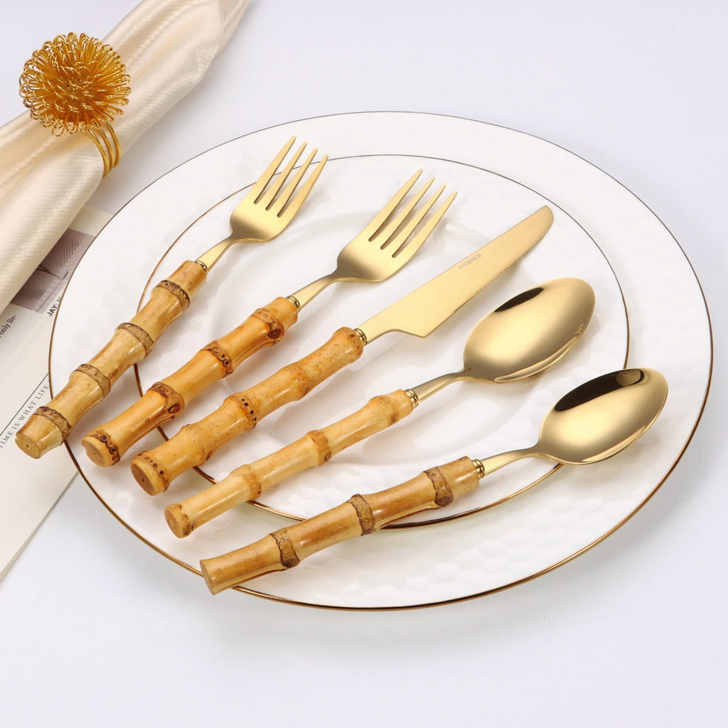20 pc flatware set - Silver - with Bamboo Handle
