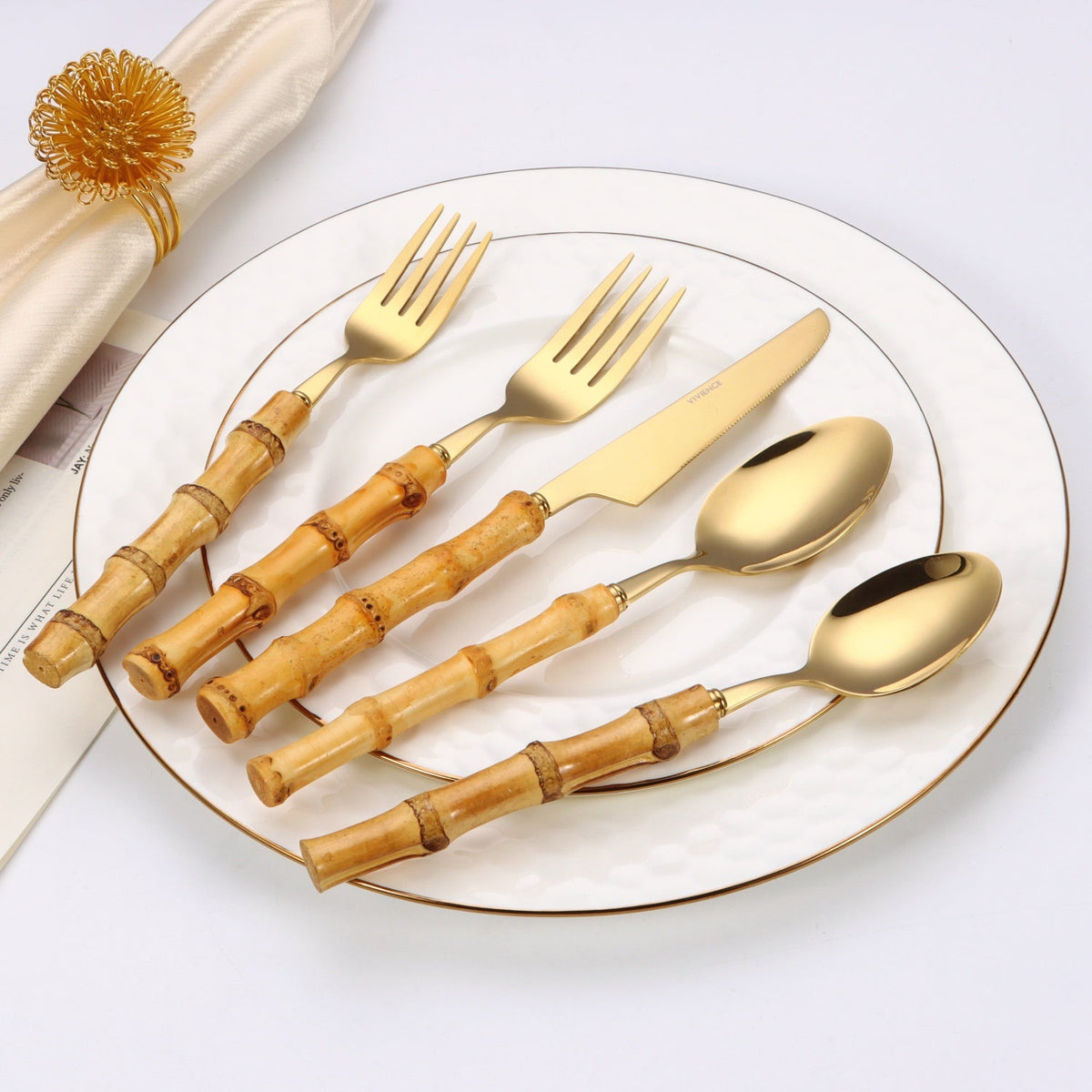 20 pc flatware set - Silver - with Bamboo Handle