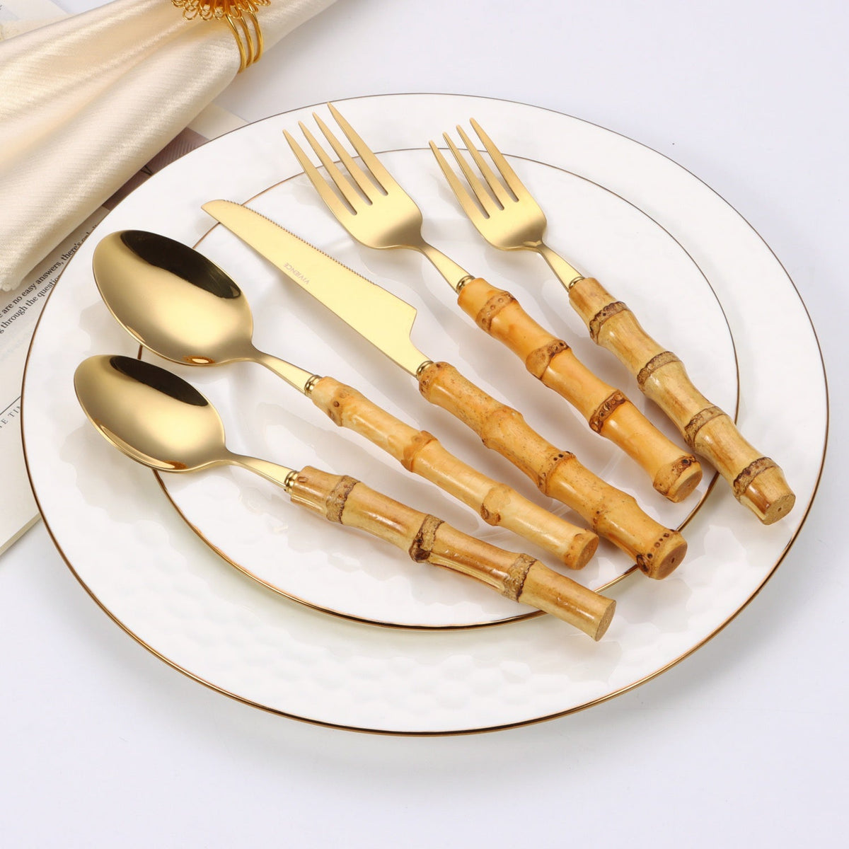 20 pc flatware set - Silver - with Bamboo Handle