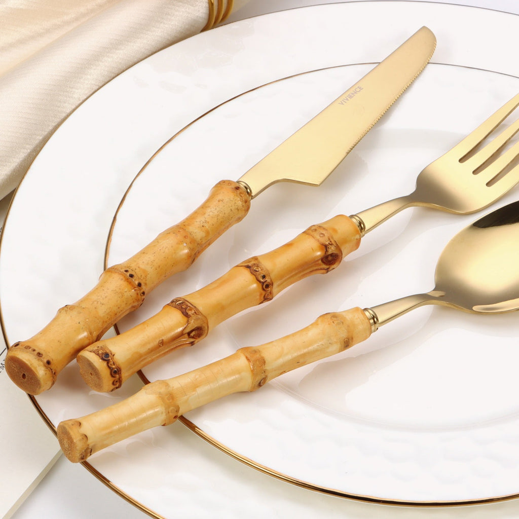 20 pc flatware set - Silver - with Bamboo Handle