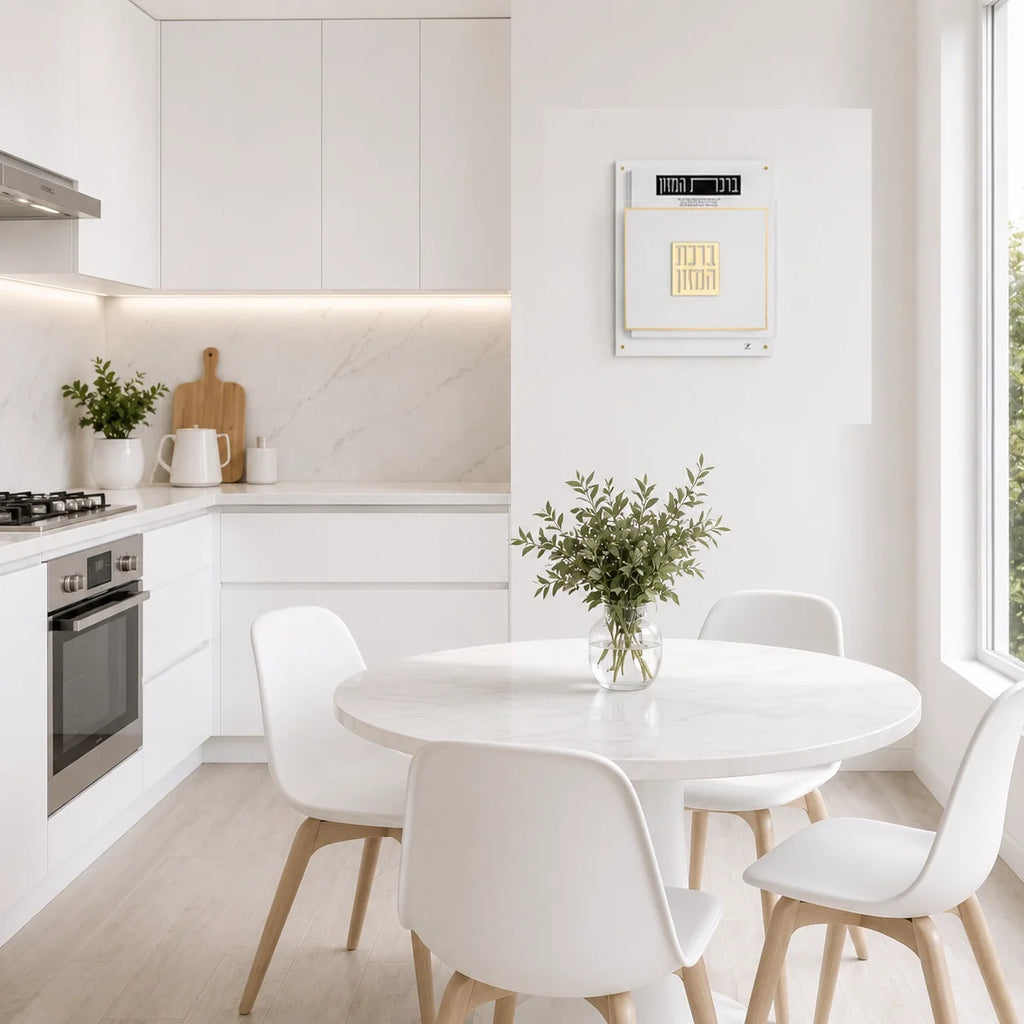 A modern white dining area with a round white marble table and four white chairs with light wood legs, set in a bright contemporary kitchen with white cabinets and marble backsplash.