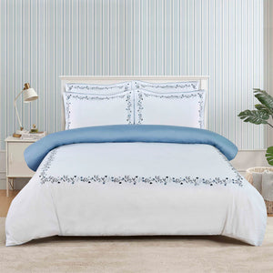 Floral Embroidered Border Hotel-Blue Duvet Cover Bedding Set