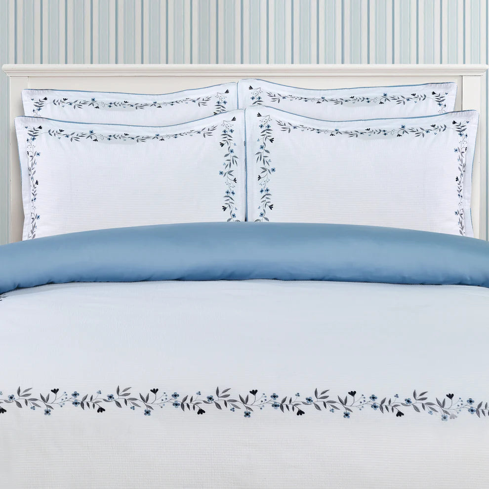 Floral Embroidered Border Hotel-Blue Duvet Cover Bedding Set