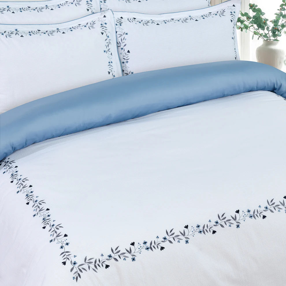 Floral Embroidered Border Hotel-Blue Duvet Cover Bedding Set