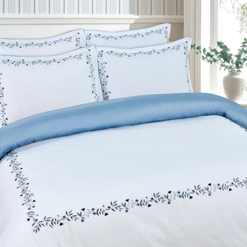 Floral Embroidered Border Hotel-Blue Duvet Cover Bedding Set