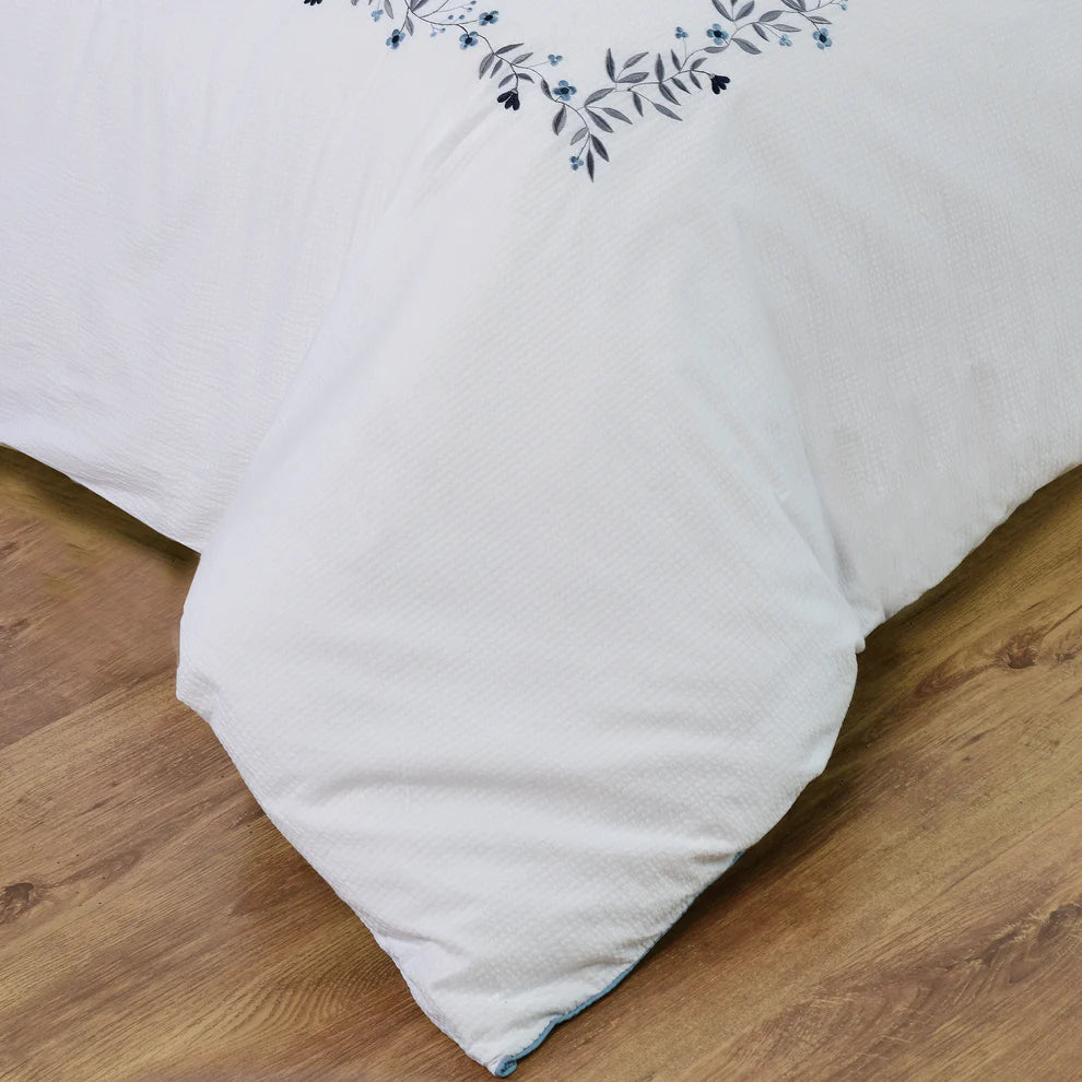 Floral Embroidered Border Hotel-Blue Duvet Cover Bedding Set