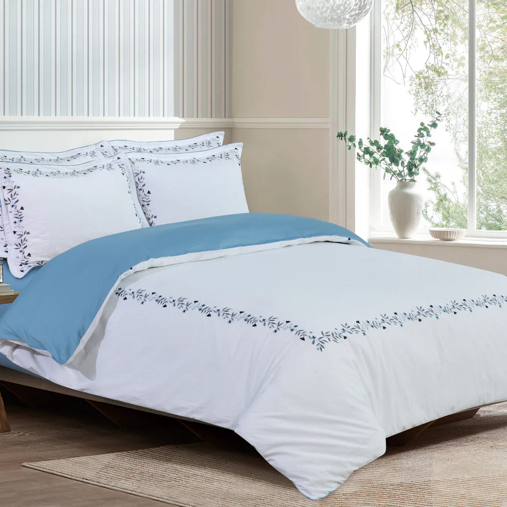 Floral Embroidered Border Hotel-Blue Duvet Cover Bedding Set