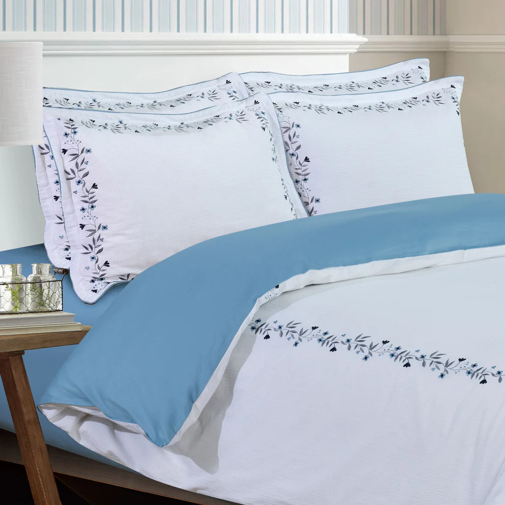 Floral Embroidered Border Hotel-Blue Duvet Cover Bedding Set