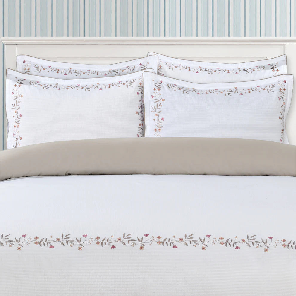 Floral Embroidered Border Hotel-Taupe Duvet Cover Bedding Set