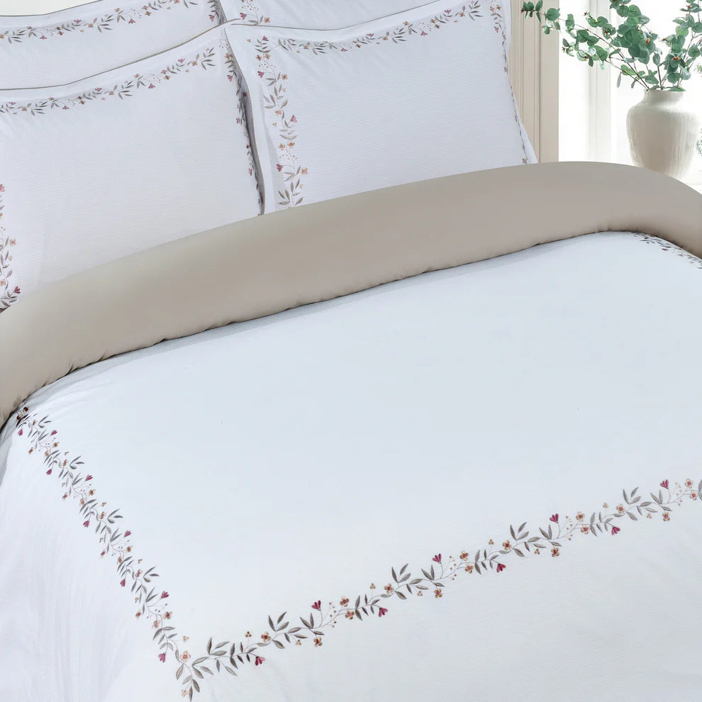 Floral Embroidered Border Hotel-Taupe Duvet Cover Bedding Set