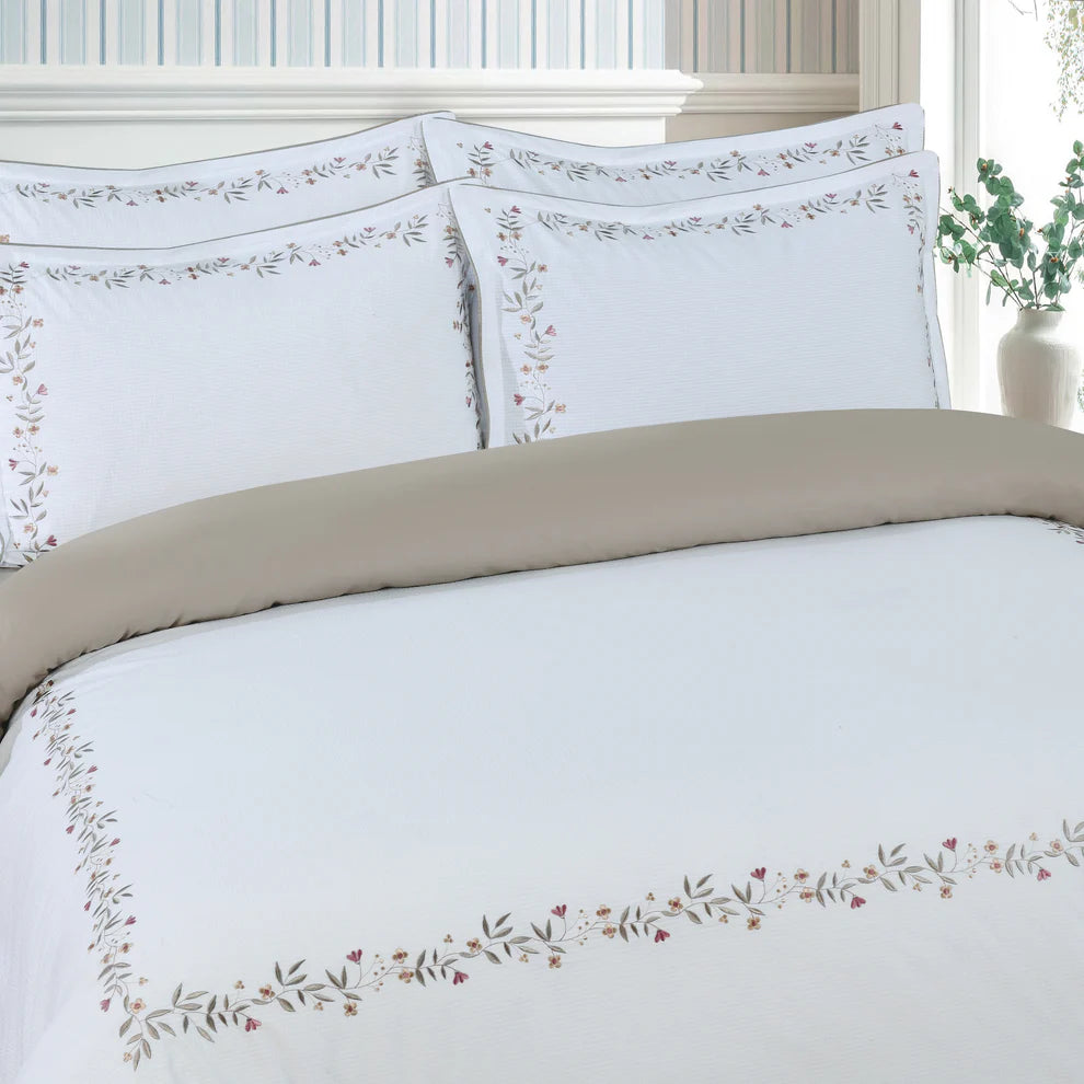 Floral Embroidered Border Hotel-Taupe Duvet Cover Bedding Set