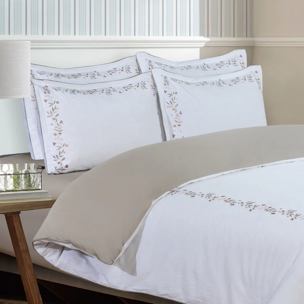 Floral Embroidered Border Hotel-Taupe Duvet Cover Bedding Set