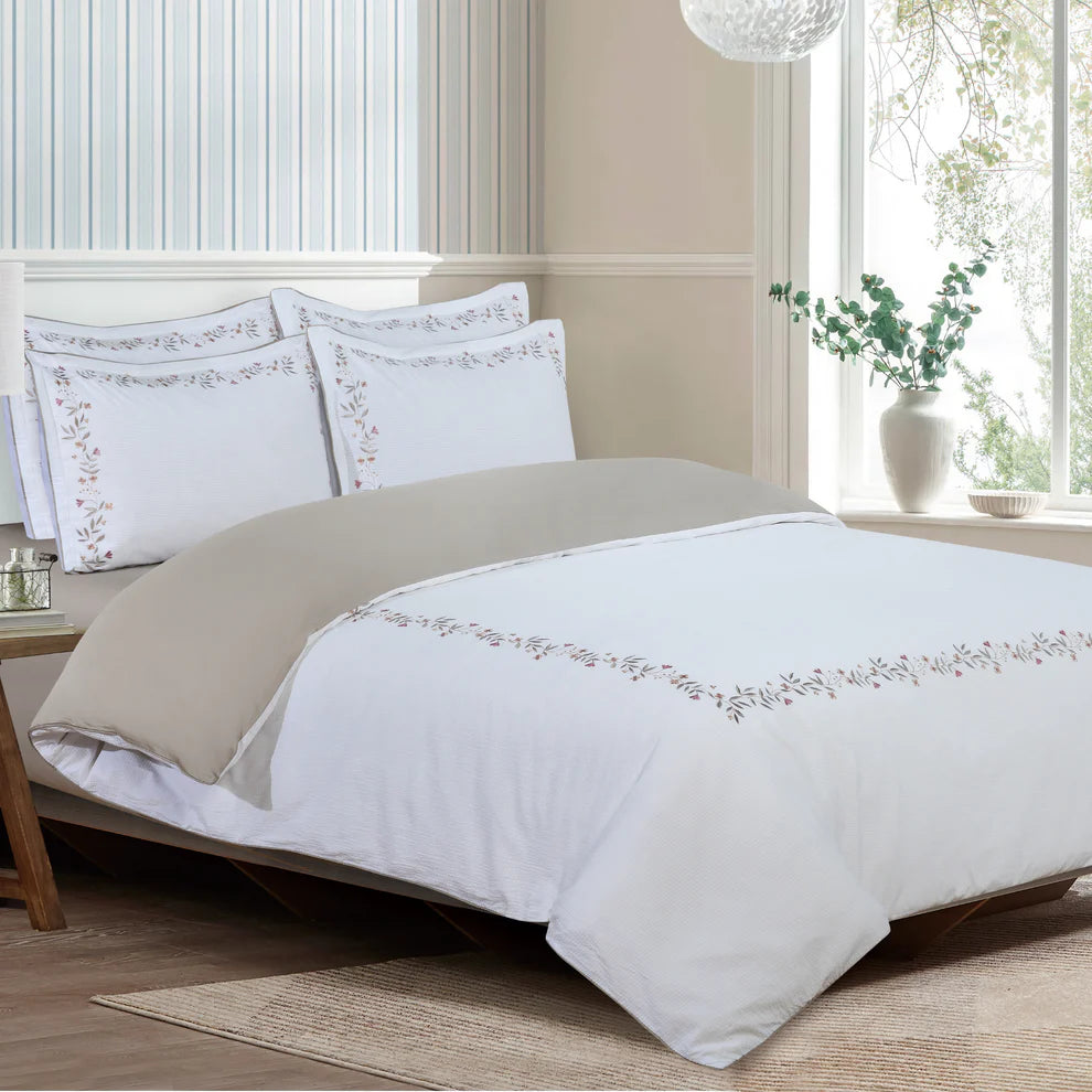 Floral Embroidered Border Hotel-Taupe Duvet Cover Bedding Set