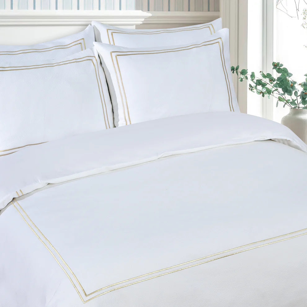 Classic Hotel Pique Off White with Champaign Embroidery  Duvet Cover Bedding Set