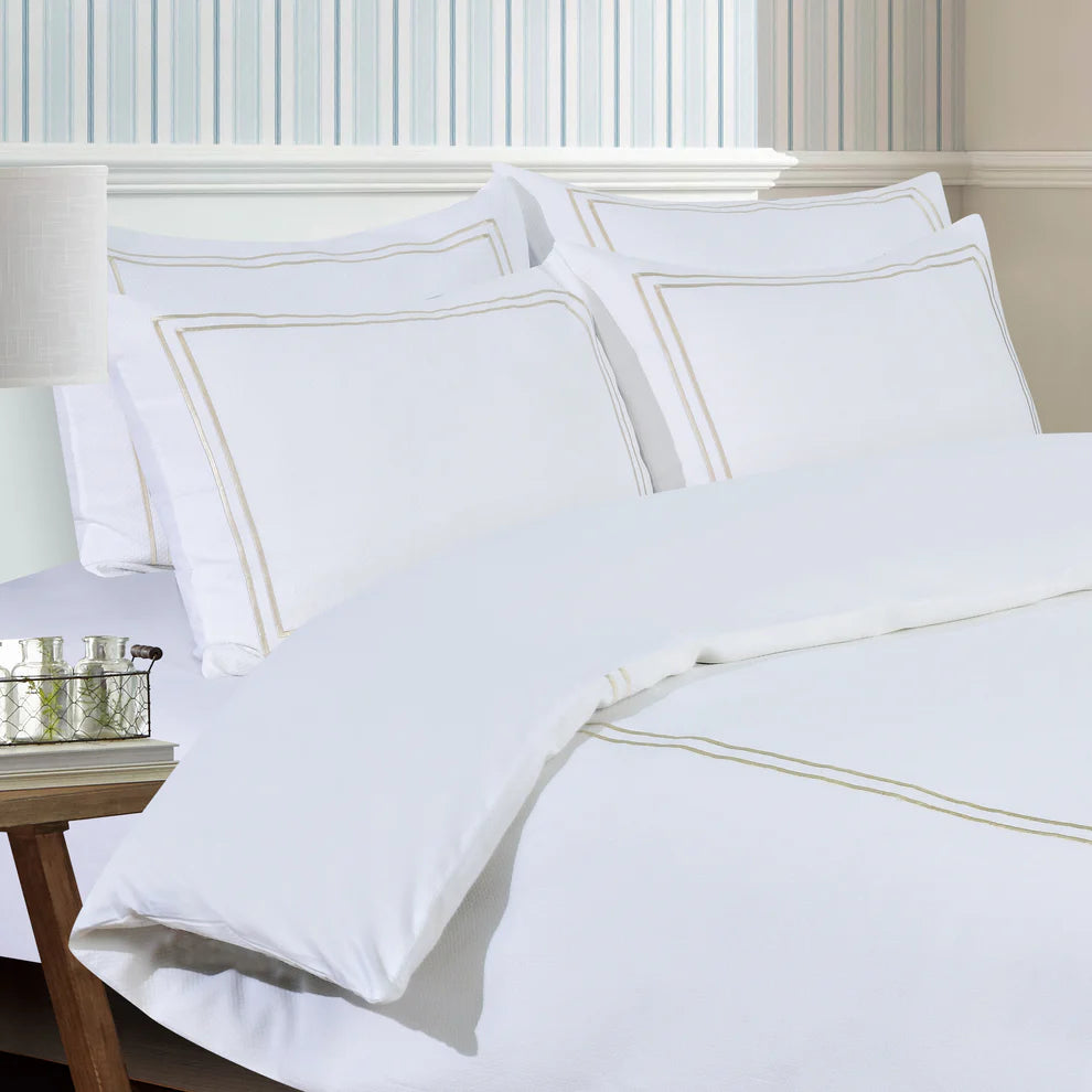 Classic Hotel Pique Off White with Champaign Embroidery  Duvet Cover Bedding Set