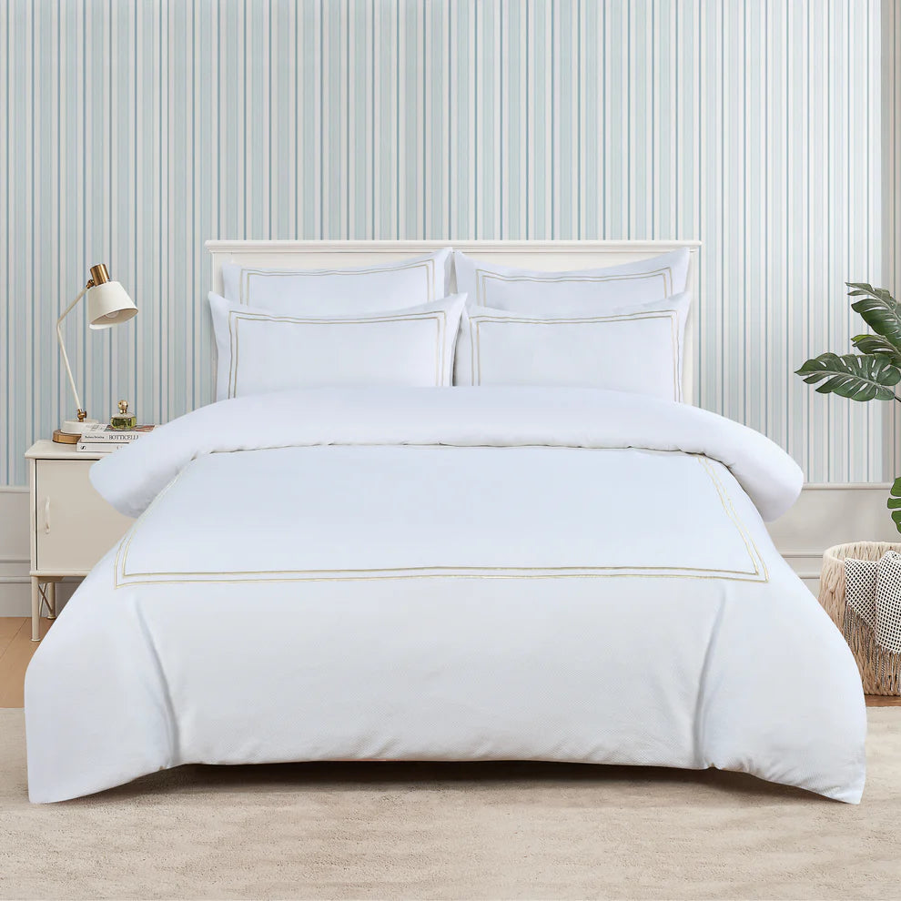 Classic Hotel Pique Off White with Champaign Embroidery  Duvet Cover Bedding Set