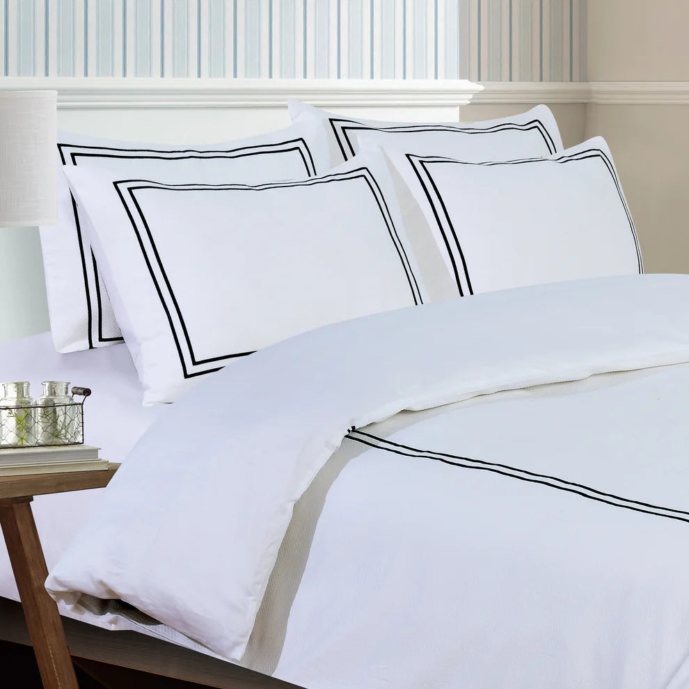 Classic Hotel Pique Off White with Black Embroidery  Duvet Cover Bedding Set