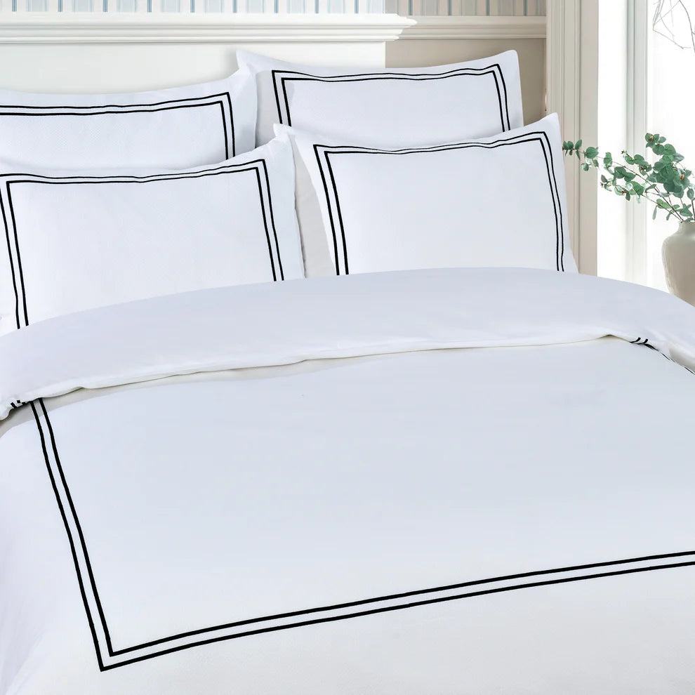 Classic Hotel Pique Off White with Black Embroidery  Duvet Cover Bedding Set