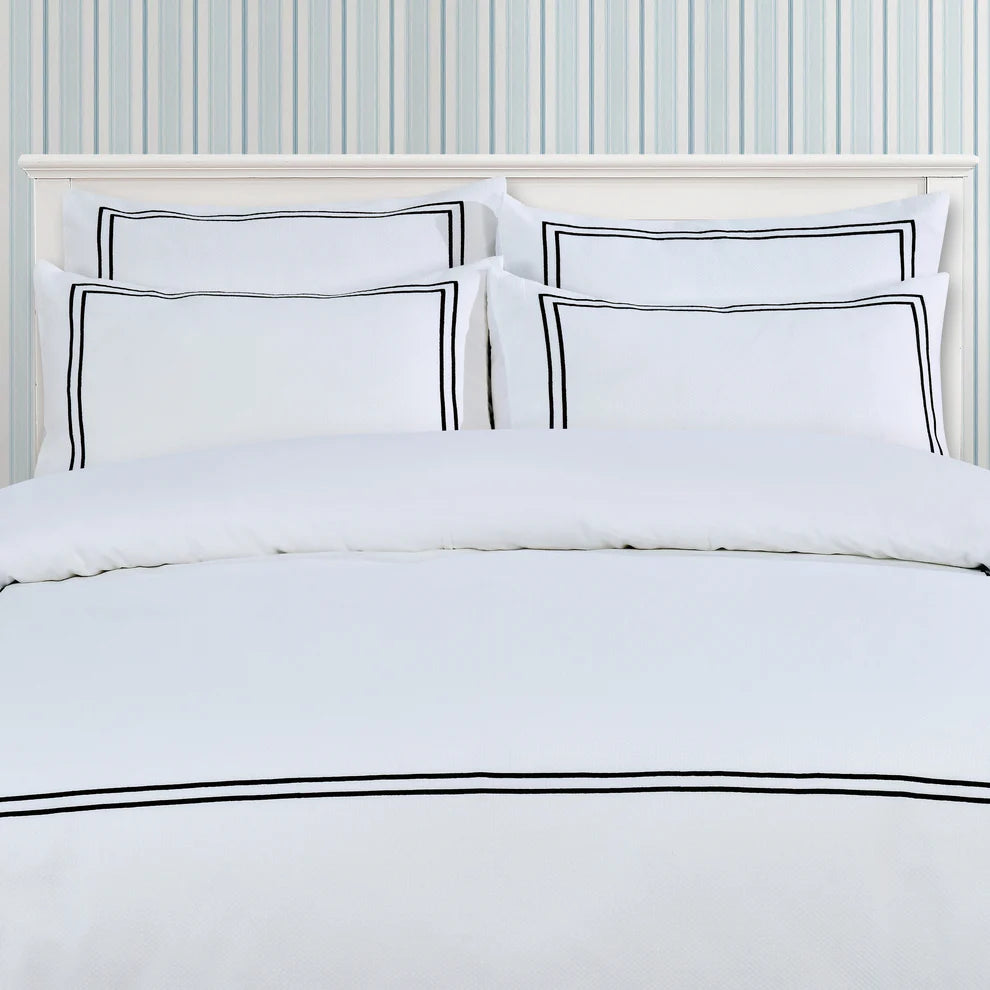 Classic Hotel Pique Off White with Black Embroidery  Duvet Cover Bedding Set