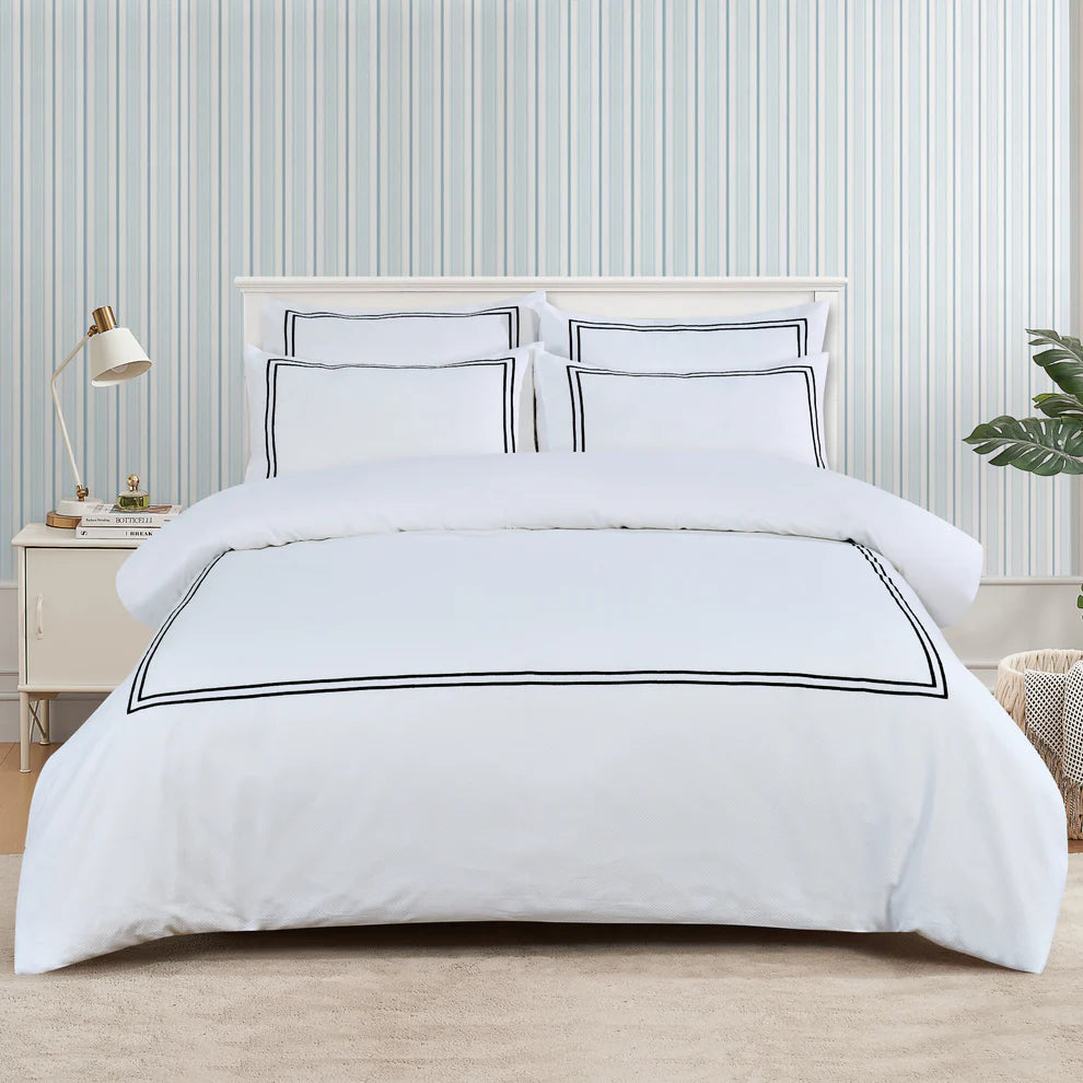 Classic Hotel Pique Off White with Black Embroidery  Duvet Cover Bedding Set