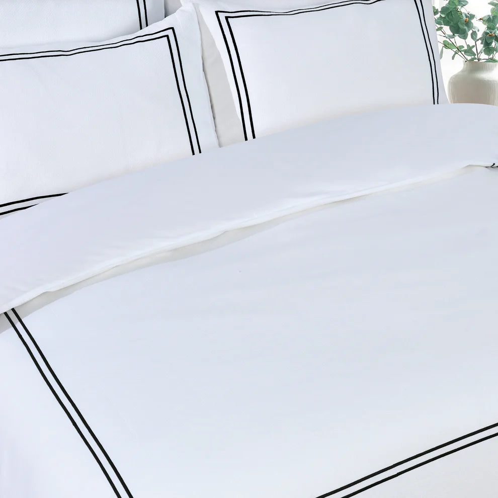 Classic Hotel Pique Off White with Black Embroidery  Duvet Cover Bedding Set