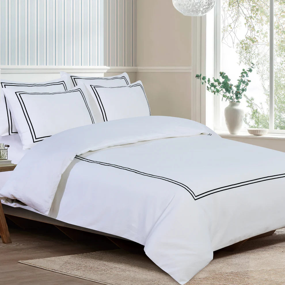 Classic Hotel Pique Off White with Black Embroidery  Duvet Cover Bedding Set