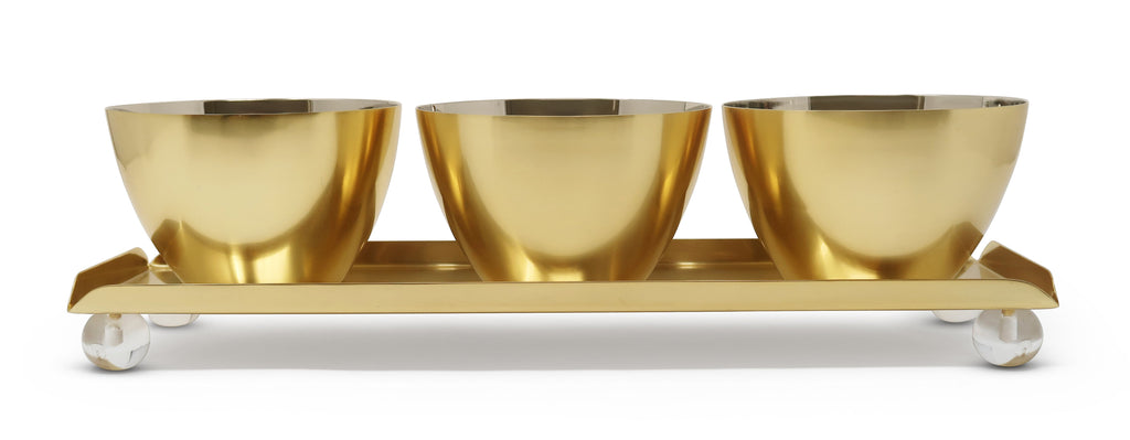Gold 3 Bowl Relish Dish on Tray with Ball Legs - 14.8"L