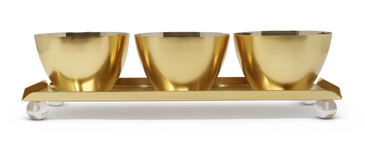 Gold 3 Bowl Relish Dish on Tray with Ball Legs - 14.8"L