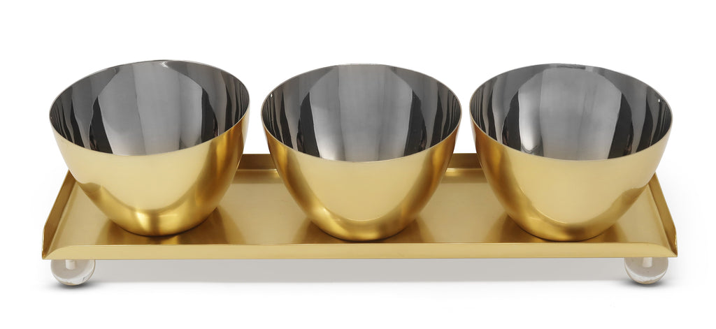 Gold 3 Bowl Relish Dish on Tray with Ball Legs - 14.8"L