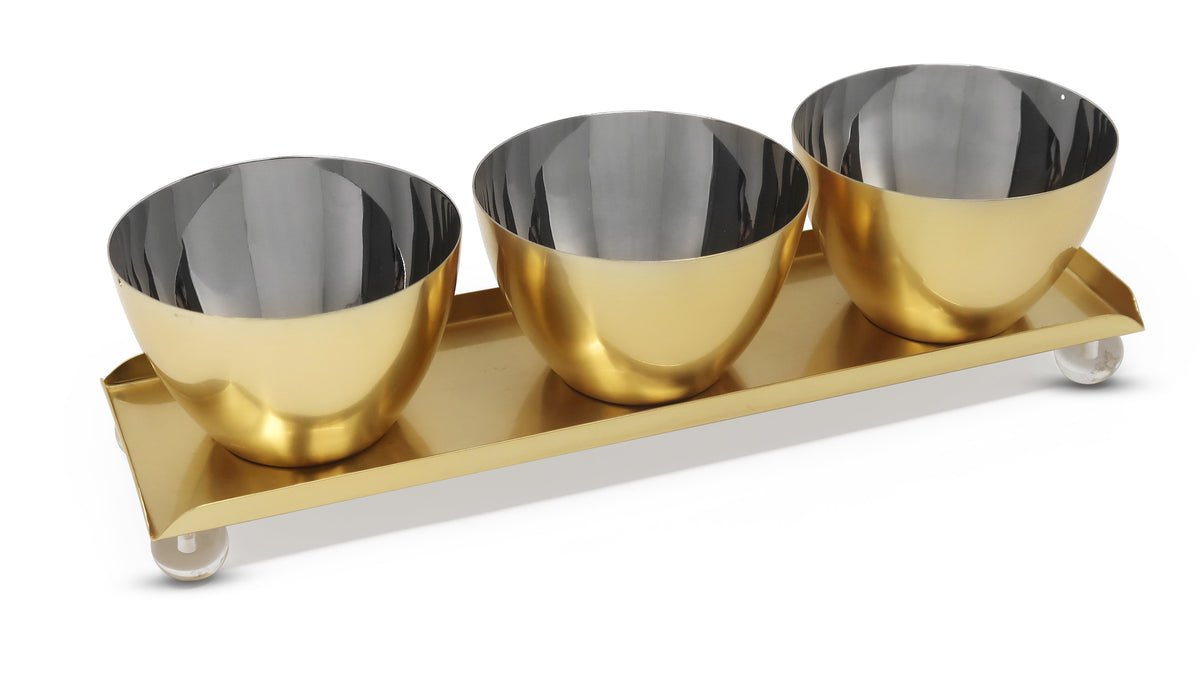 Gold 3 Bowl Relish Dish on Tray with Ball Legs - 14.8"L