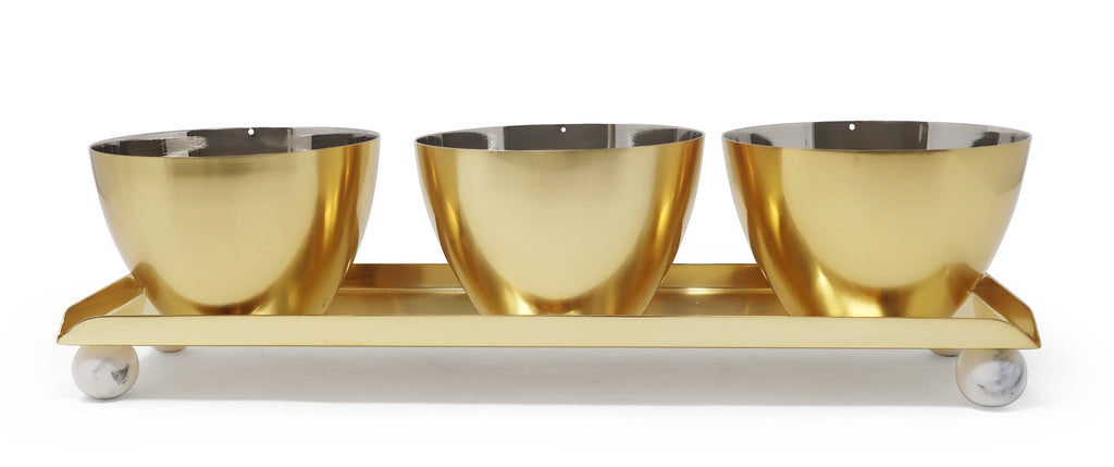Gold 3 Bowl Relish Dish on Tray with Ball Legs - 14.8"L