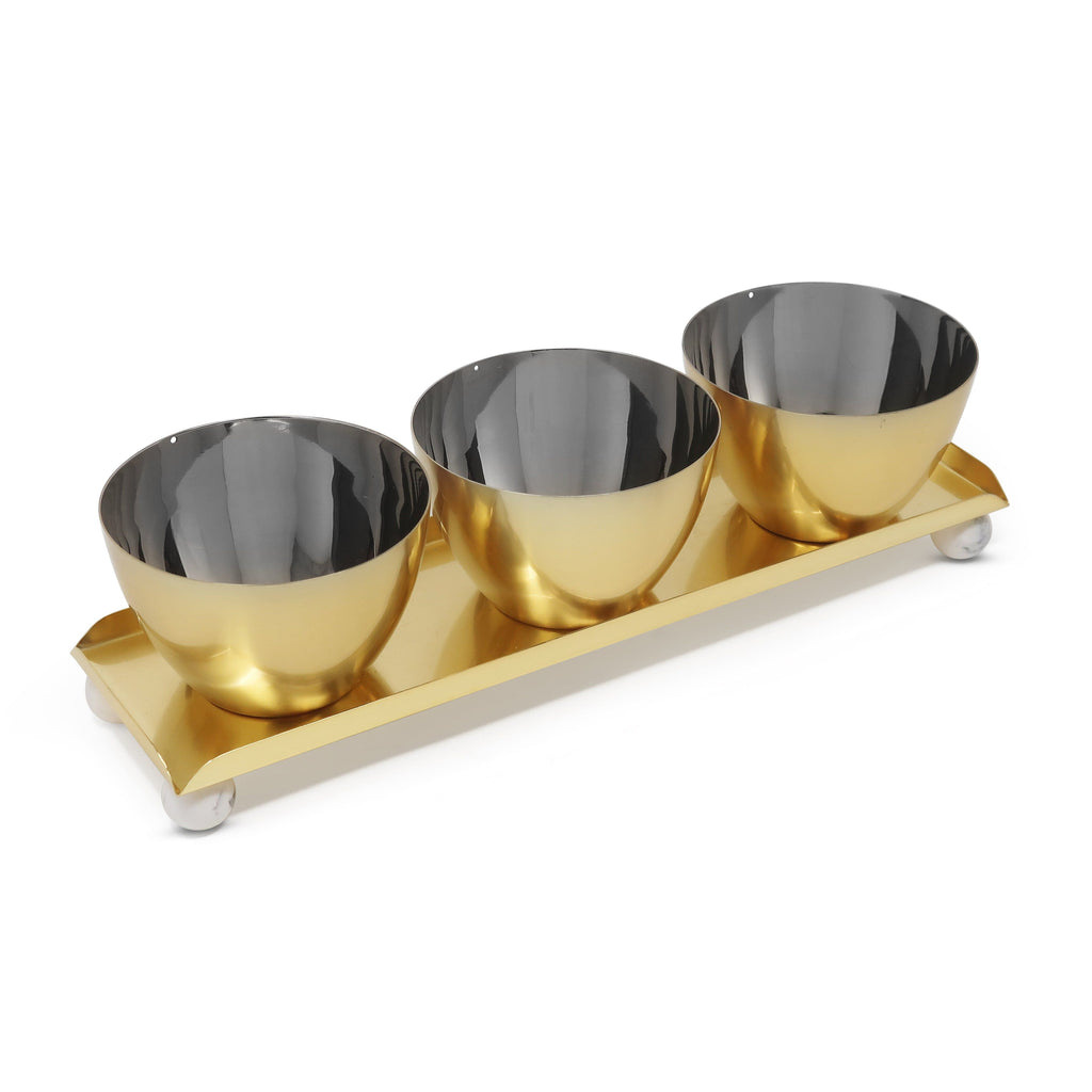 Gold 3 Bowl Relish Dish on Tray with Ball Legs - 14.8"L