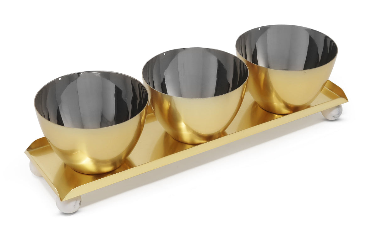 Gold 3 Bowl Relish Dish on Tray with Ball Legs - 14.8"L