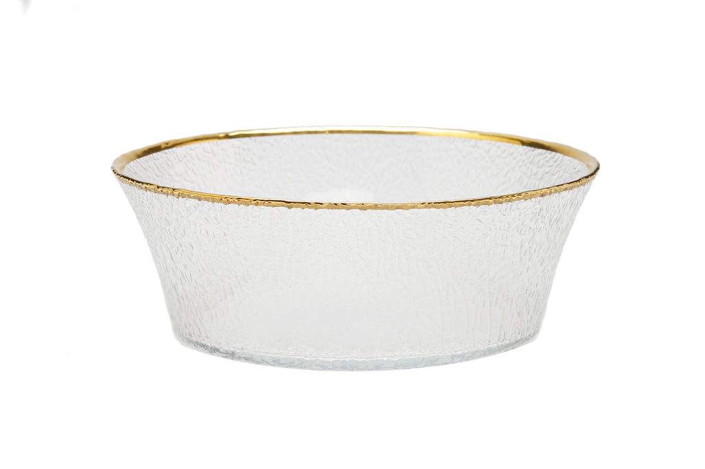 Set of 4 Pebbled Glass Dinner Plates Raised Rim with Gold Border