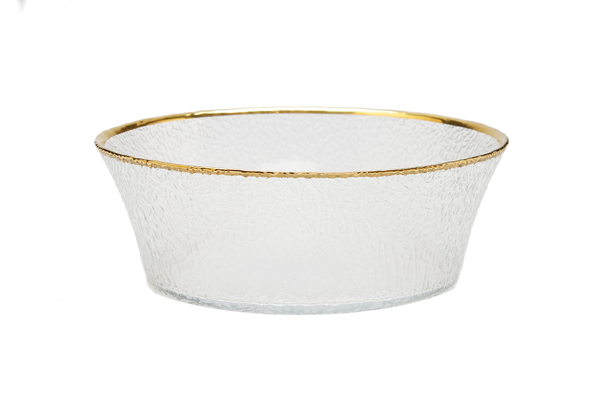 Set of 4 Pebbled Glass Dinner Plates Raised Rim with Gold Border