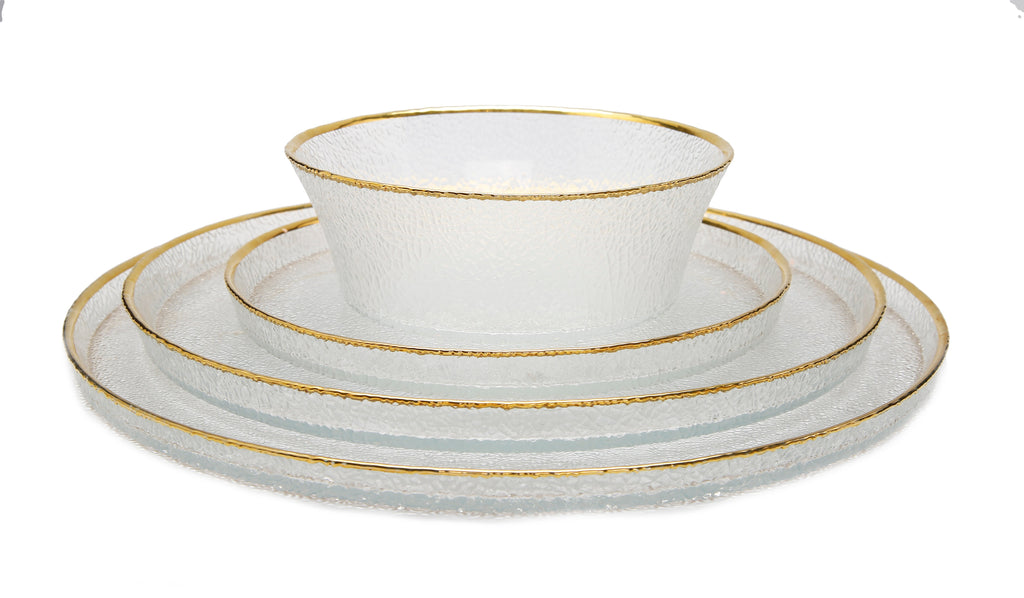 Set of 4 Pebbled Glass Chargers Raised Rim with Gold Border