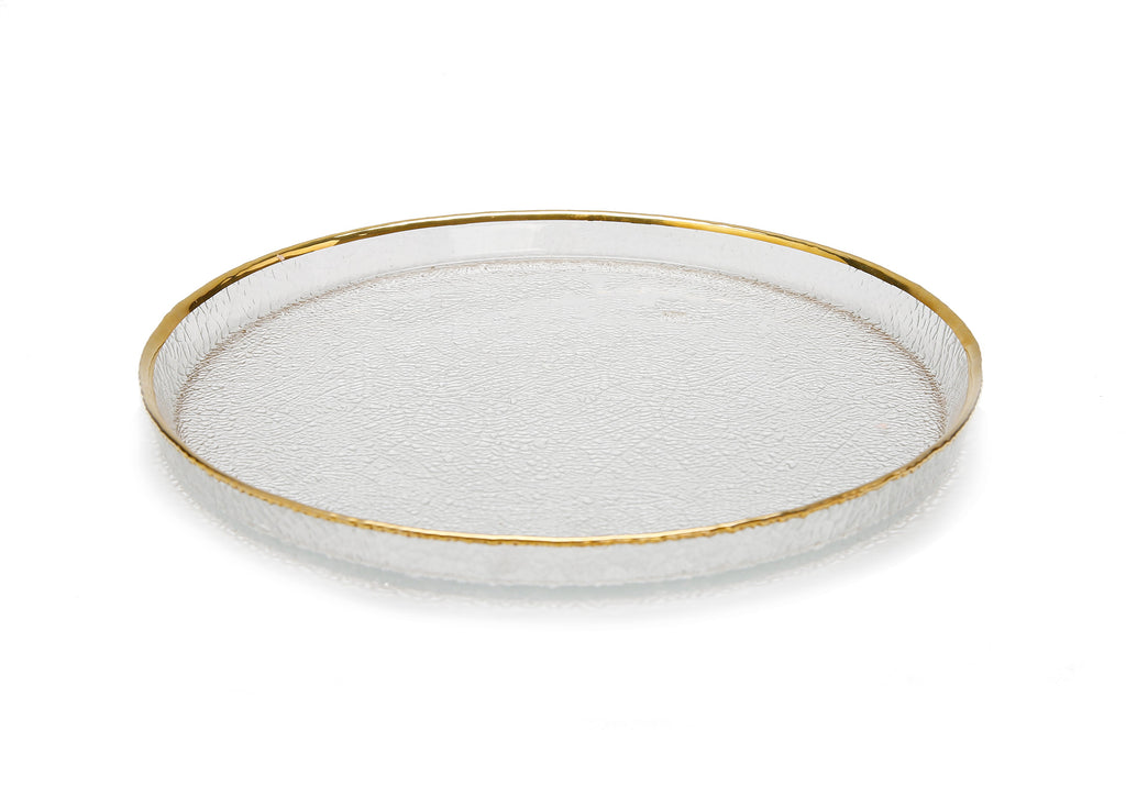 Set of 4 Pebbled Glass Chargers Raised Rim with Gold Border