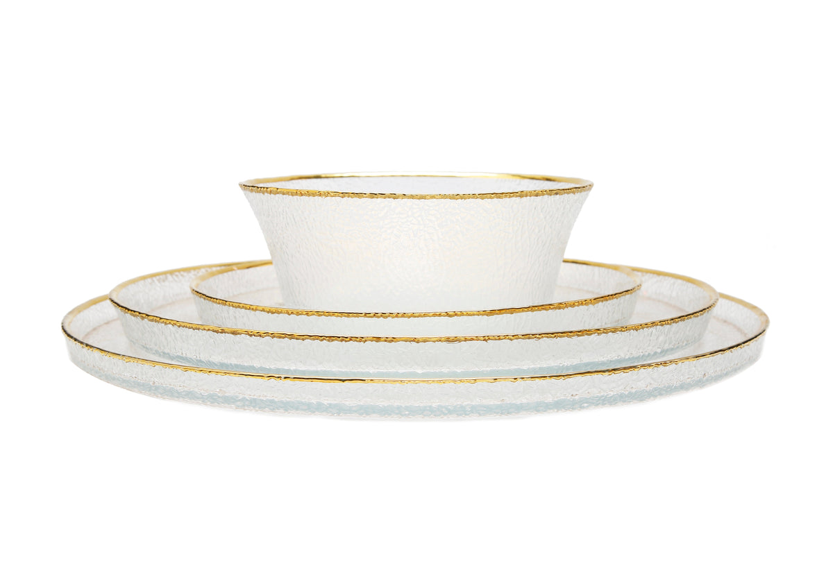 Set of 4 Pebbled Glass Dinner Plates Raised Rim with Gold Border