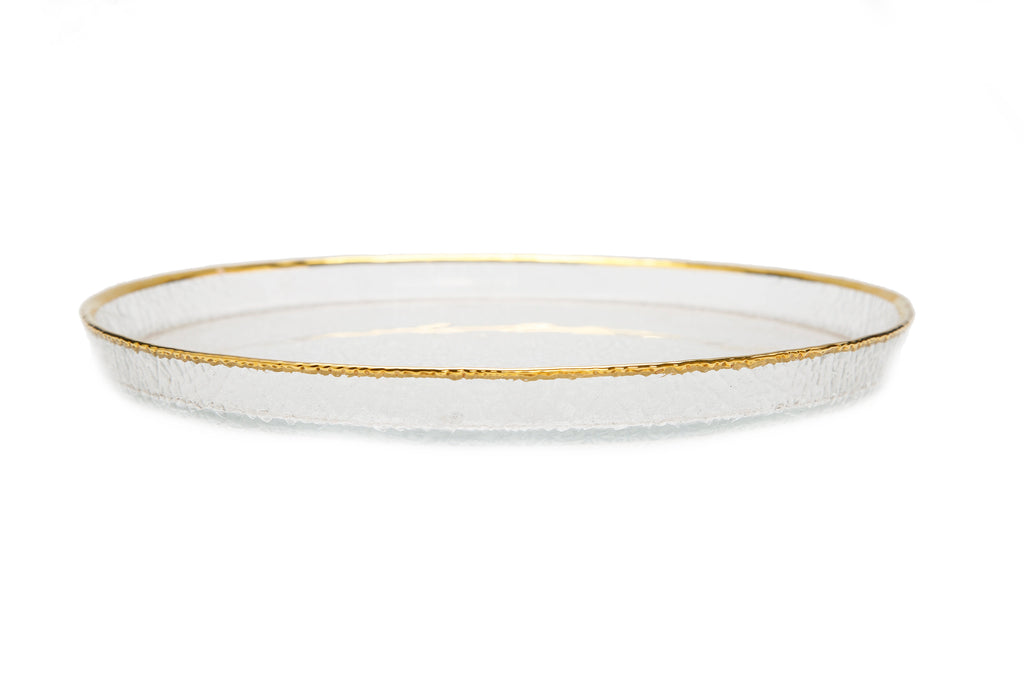 Set of 4 Pebbled Glass Chargers Raised Rim with Gold Border