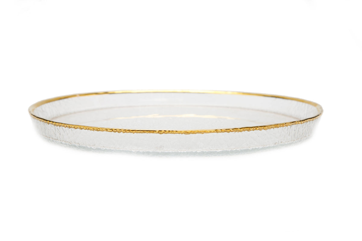 Set of 4 Pebbled Glass Chargers Raised Rim with Gold Border