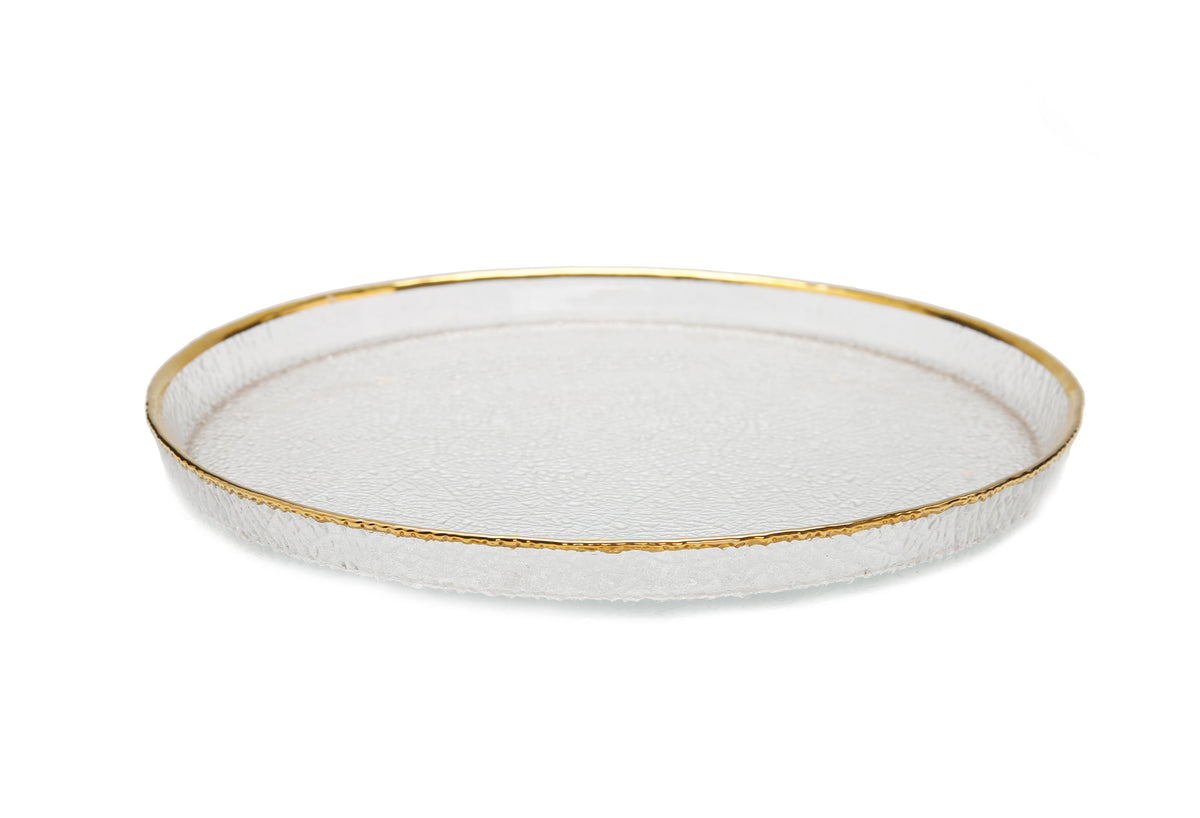 Set of 4 Pebbled Glass Dinner Plates Raised Rim with Gold Border