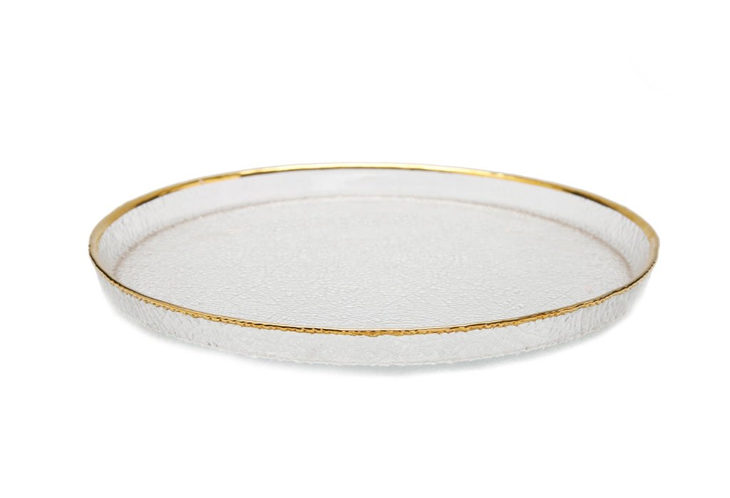 Set of 4 Pebbled Glass Dinner Plates Raised Rim with Gold Border